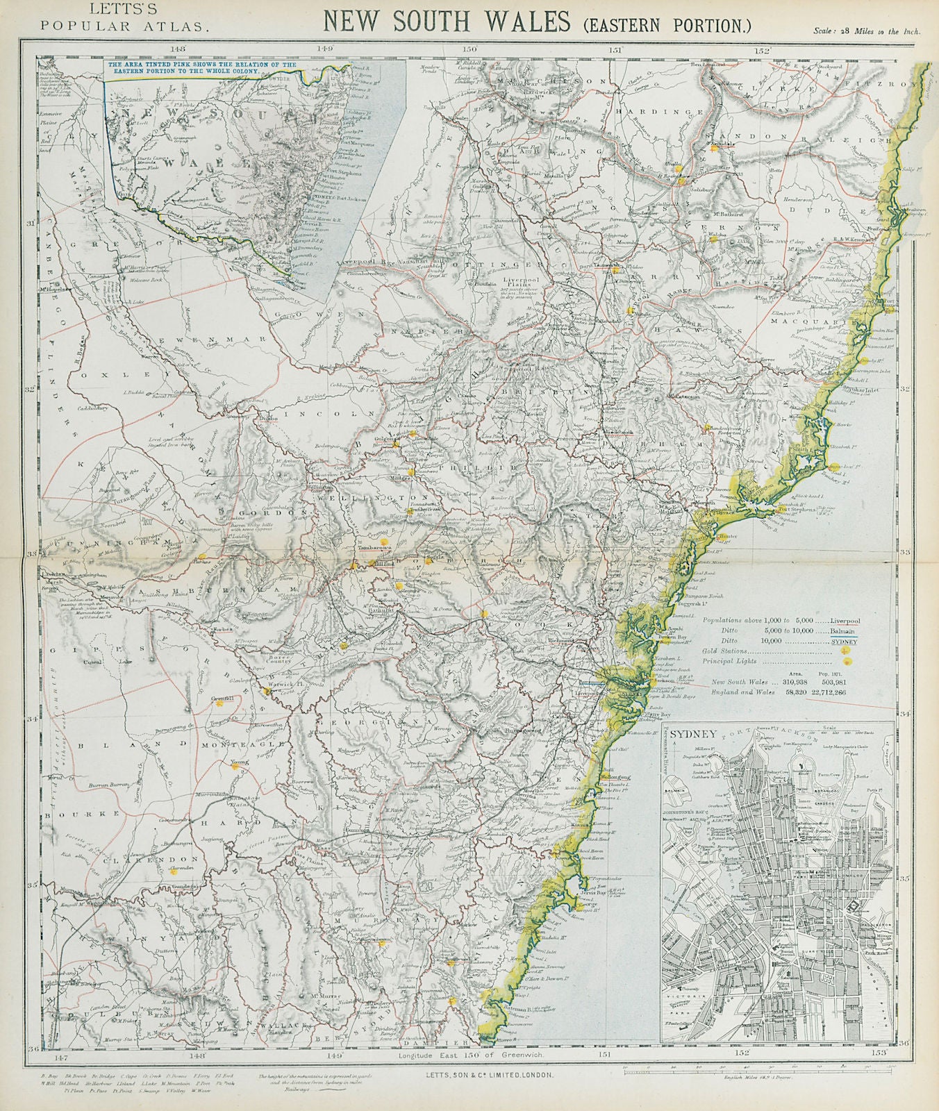 NEW SOUTH WALES showing gold mining stations. Sydney city plan. LETTS 1883 map